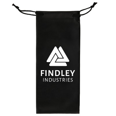 Black leatherette drawstring suglass case with custom branded logo.