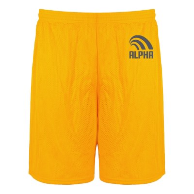 Custom one color logo imprint on gold shorts.