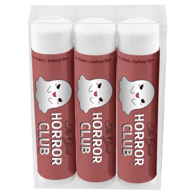 White plastic 3-pack lip balm with a branded imprint.