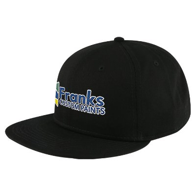 Custom printed royal blue flat bill embroidered hat.