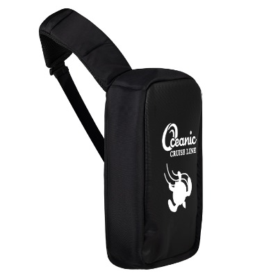 Black sling bag with a promotional imprint.