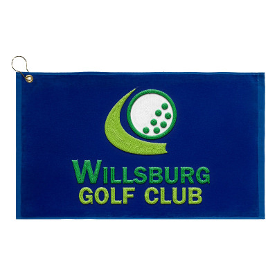 Blue golf towel with custom embroidered imprint.