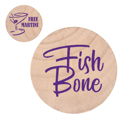 Natural wooden nickel with a custom logo.