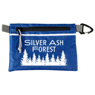 Nylon blue first aid kit with a branded logo.