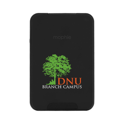 Black plastic power bank with a personalized logo.