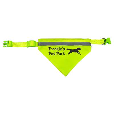Green reflective pet bandada with custom imprint.
