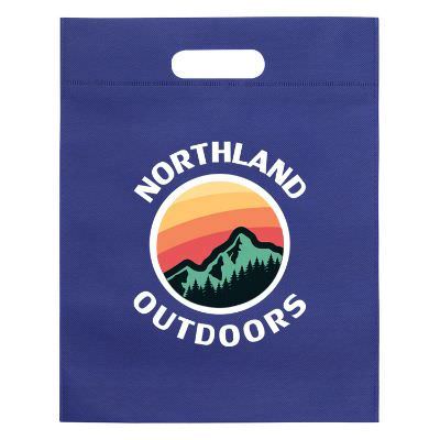Polypropylene royal blue tote with full-color custom imprint and die-cut handles.