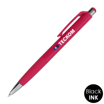 Raspberry plastic pen with a custom logo.