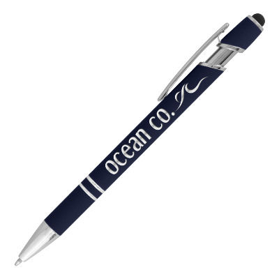 Blue metal pen with a personalized imprint.