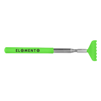 Green stainless steel backscratcher with a custom logo.