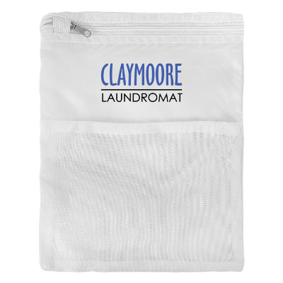 White polyester and mesh laundry bag with a branded logo.