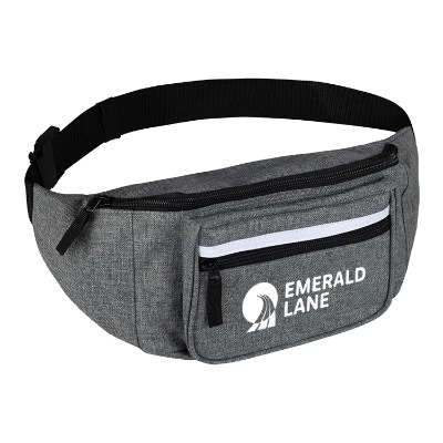 Graphite fanny pack with front pocket and custom imprint.
