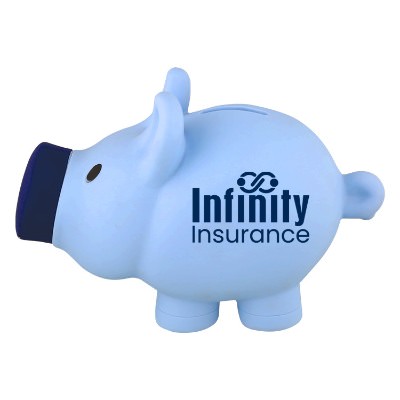 Blue plastic piggy bank with a personalized imprint.