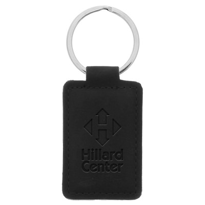 Black leatherette key tag with personalized debossed imprint.