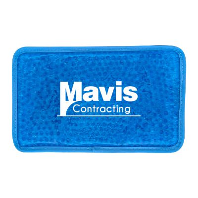 Plastic blue hot and cold pack with a custom imprint.