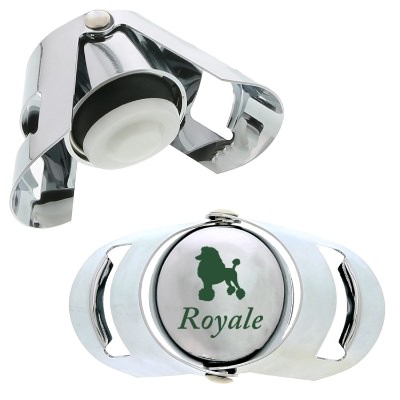 Silver chrome coated stainless steel bottle opener and stopper with custom promotional imprint.