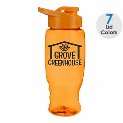 Plastic translucent orange water bottle with custom logo and snap lid in 27 ounces.