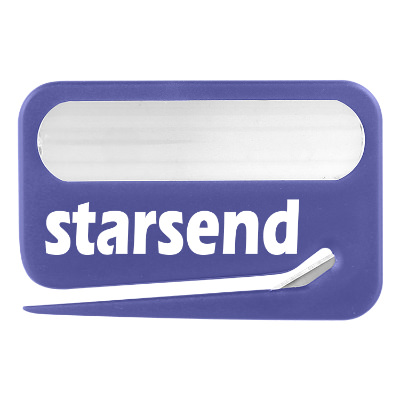 Blue plastic letter opener with a personalized logo.