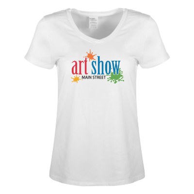 White women's t-shirt with custom full color imprint.