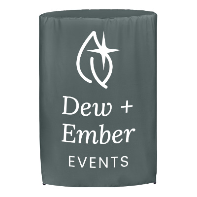 31 and a half inches round bar height table cover with one color imprint on front.