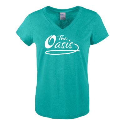 Custom vivid teal heather ladies' tee with logo.
