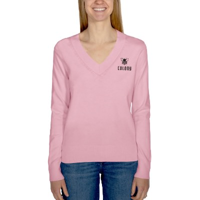 Ladies pink custom imprinted sweater.