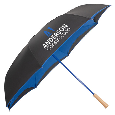Black with blue recycled manual inversion umbrella with custom full color logo.