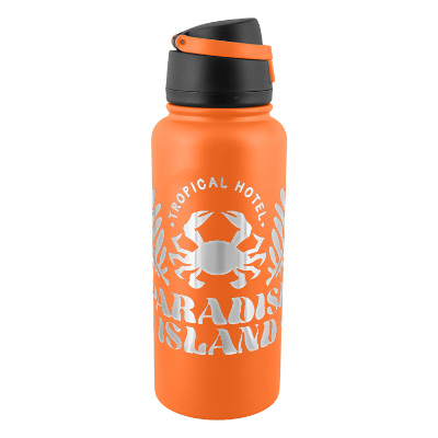 Orange stainless steel bottle with a branded imprint.