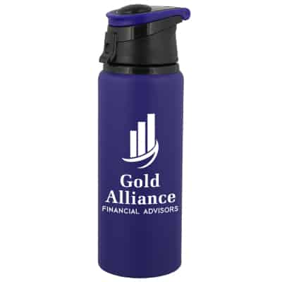 Aluminum blue water bottle with custom imprint in 24 ounces.