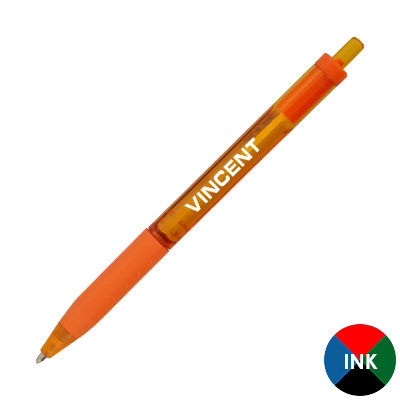 Orange plastic pen with a branded logo.