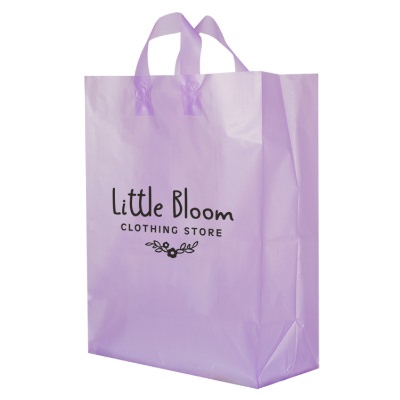Plastic lavender colored frosted shopper bag logoed.
