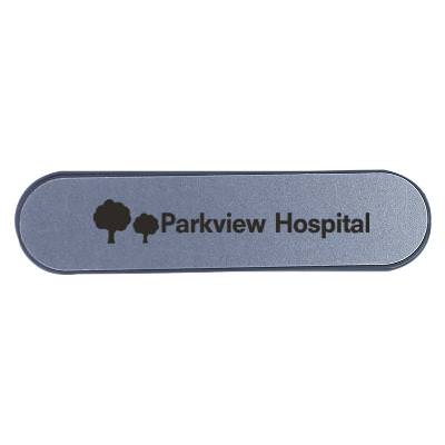 Metal metallic silver laptop phone mount with a custom imprint.