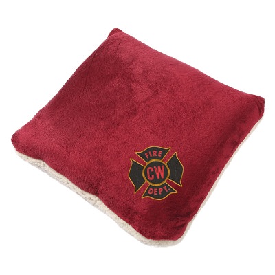 Red lambswool microsherpa throw blanket with custom logo.