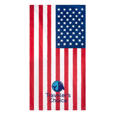 American flag beach towel with custom embroidered imprint.