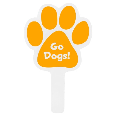 White plastic hand fan with a custom logo.