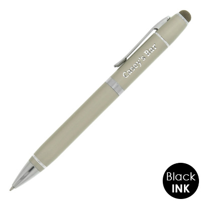 Custom engraved aluminum pen with chrome accents and stylus.