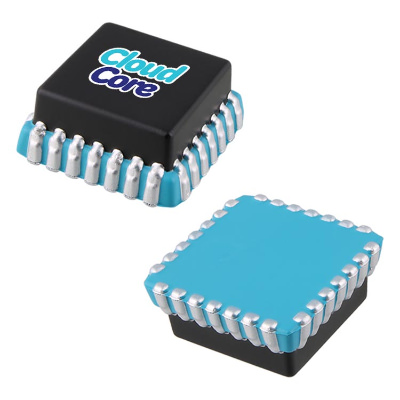 Black with teal foam stress ball with a customized logo.