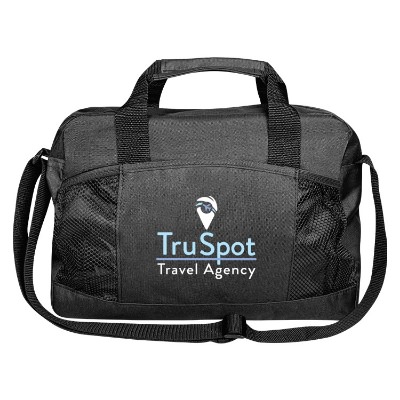 Black messenger bag with pocket and custom full-color logo.