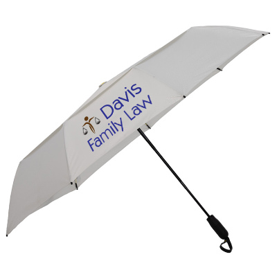 Gray shed rain vortex v2 vented jumbo compact umbrella with unique full color logo.