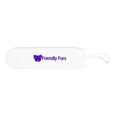 White dual action pet comb with imprint.