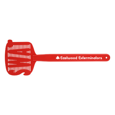 Red plastic fly swatter with a branded imprint.