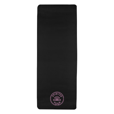 Black yoga mat with custom imprint.