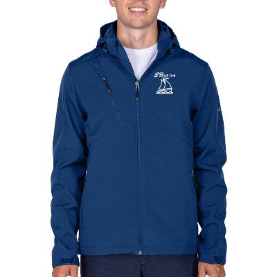 Blue imprinted custom soft shell jacket.