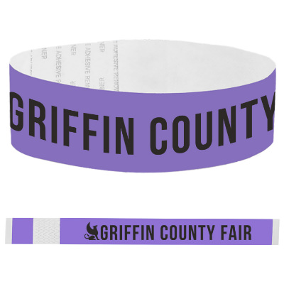 Purple paper wristband with a custom imprint.