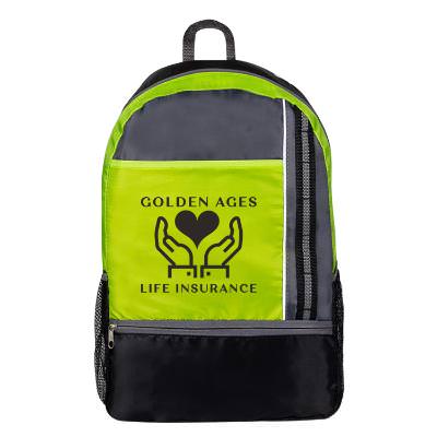 Lime green backpack with custom logo.