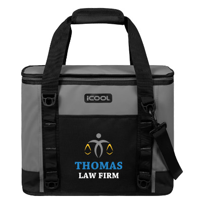 Gray polyester cooler with a custom logo.