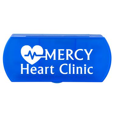Plastic blue bandage holder with a custom imprint.
