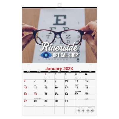 Custom image monthly wall calendar with full color promotional imprint.