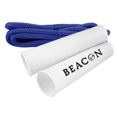 Blue plastic jump rope with a branded logo.