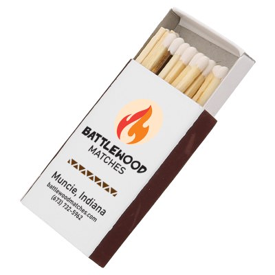 White cardboard matchbox with a custom full-color logo.